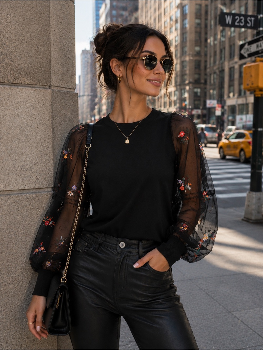 Maeve Anthropologie Black Mesh-Sleeve Floral Embroidered Sweatshirt